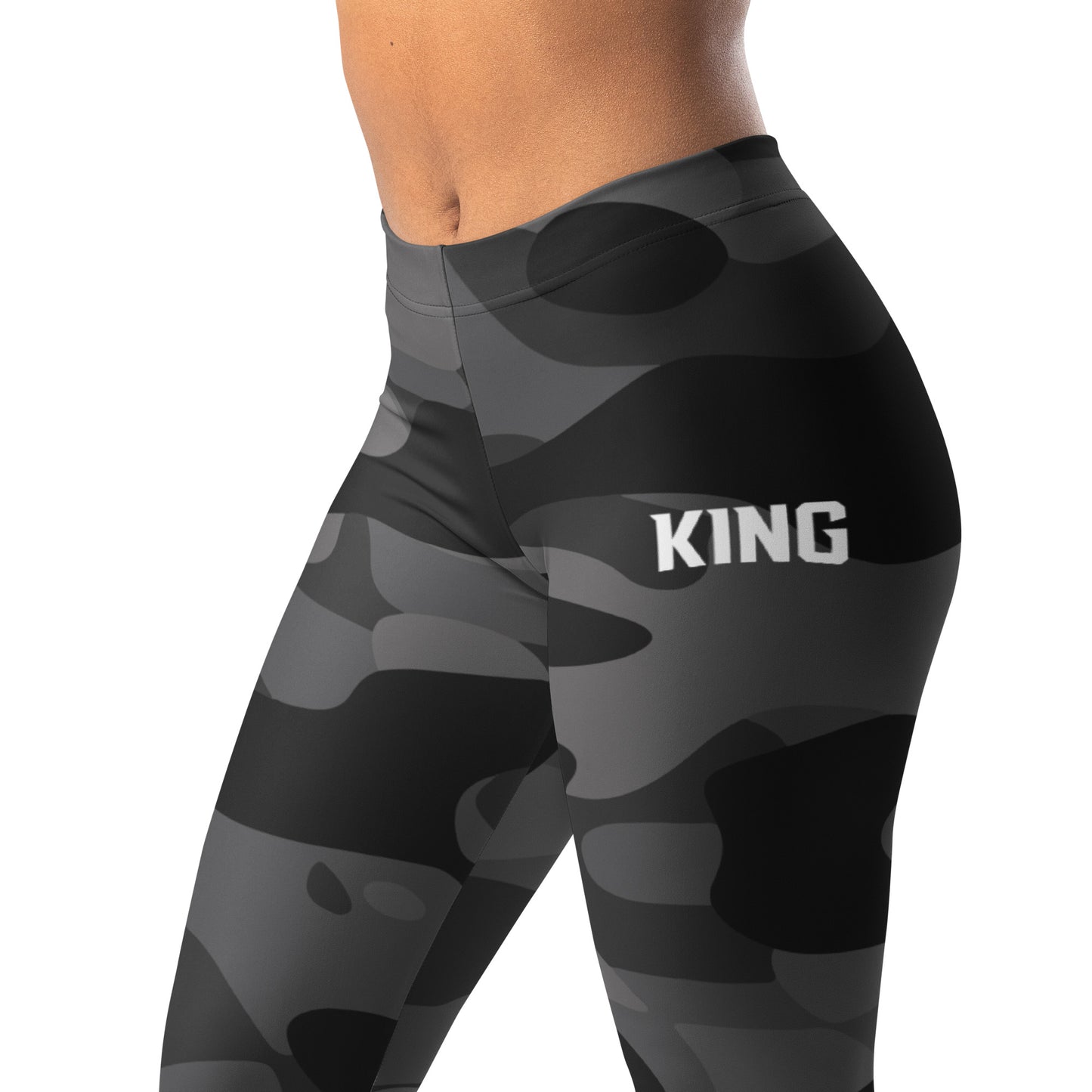 Shadow camo KING Lioness leggings – left side angle mockup.