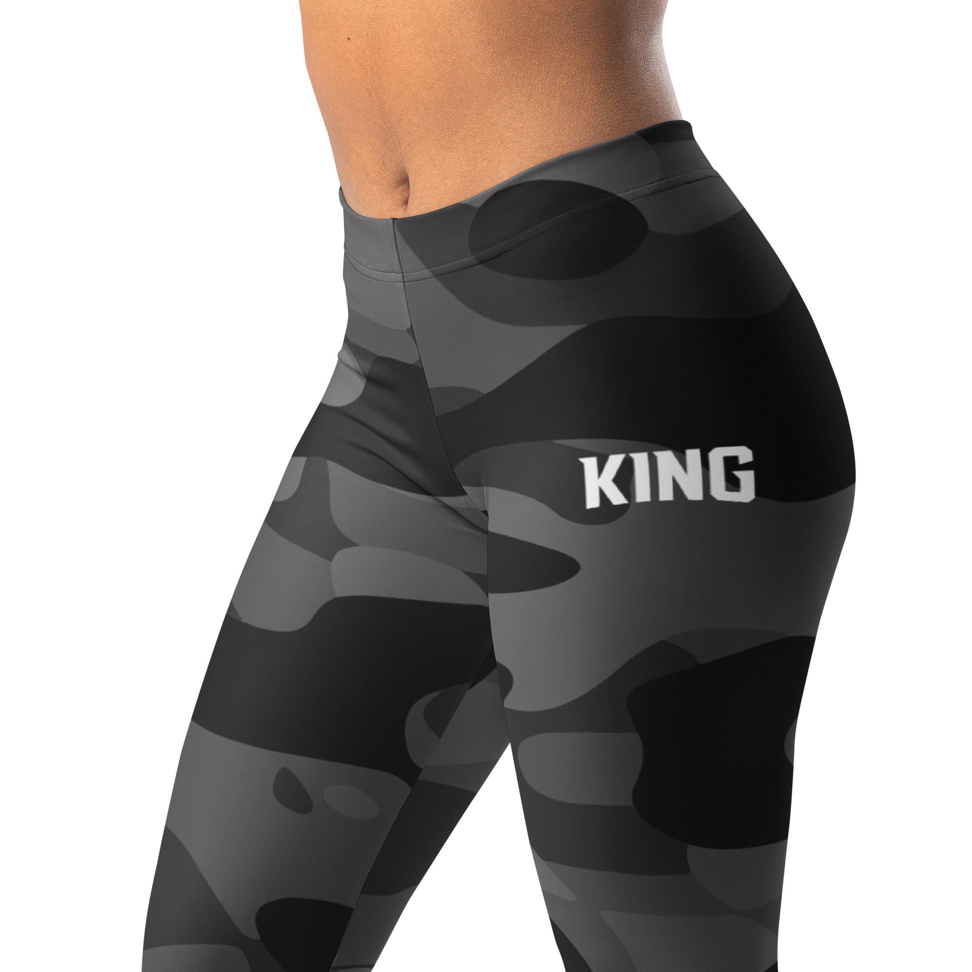 Shadow camo KING Lioness leggings – left side angle mockup.