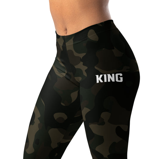 KING Lioness Military Camo Leggings – Jungle Edition, premium women's athletic leggings with dark camouflage pattern and KING logo