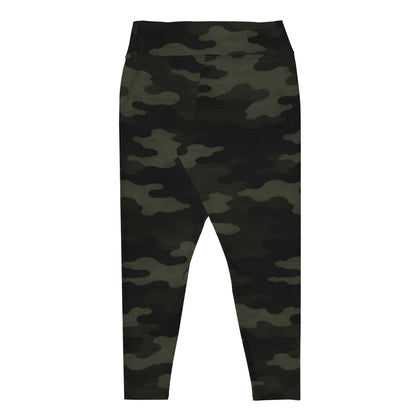 Flat lay of KING Lioness Plus Size Military Camo leggings design back view.