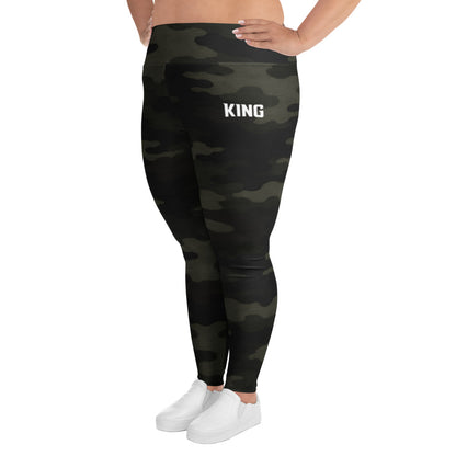 Side view of KING Lioness Plus Size Military Camo leggings with four-way stretch