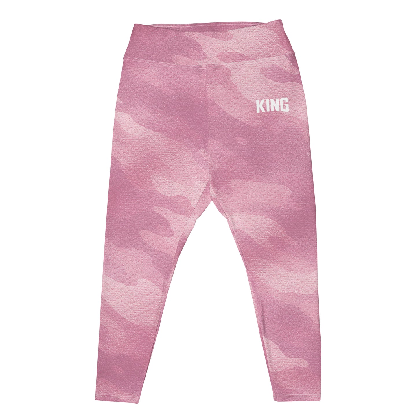 Front view of KING Lioness Plus Size Leggings in rose camo with high-waisted fit mockup