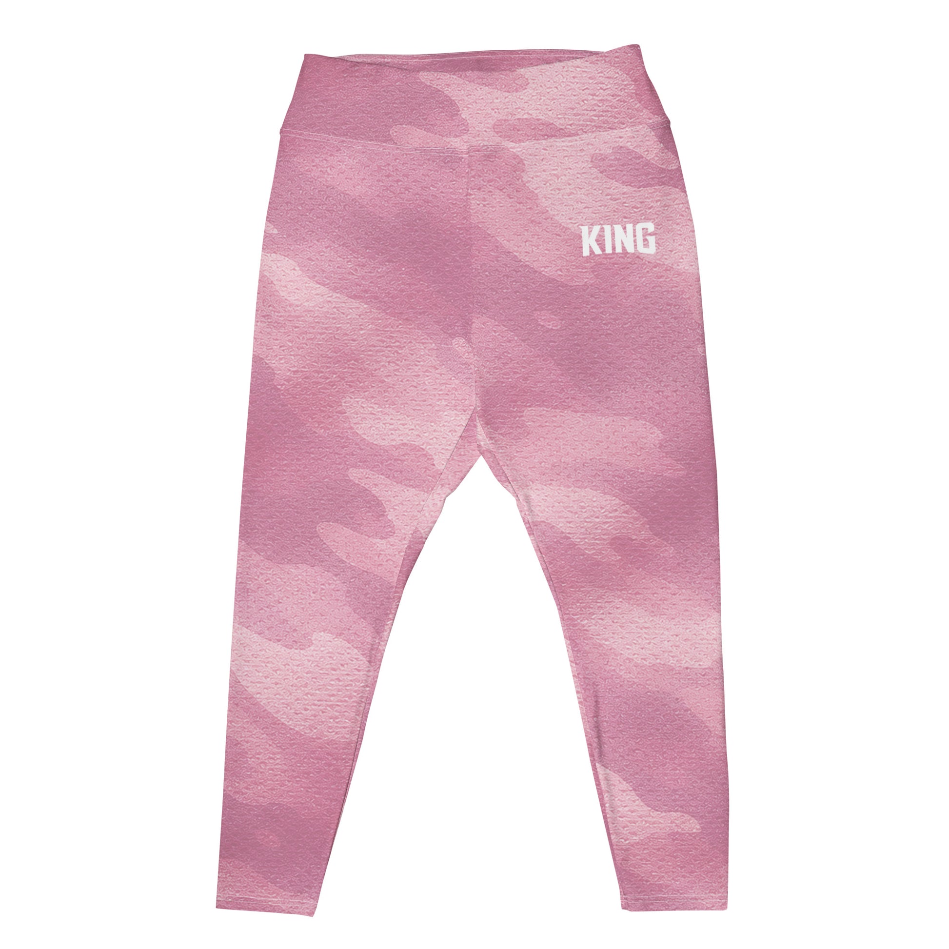 Front view of KING Lioness Plus Size Leggings in rose camo with high-waisted fit mockup