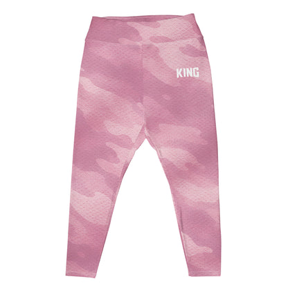 Front view of KING Lioness Plus Size Leggings in rose camo with high-waisted fit mockup
