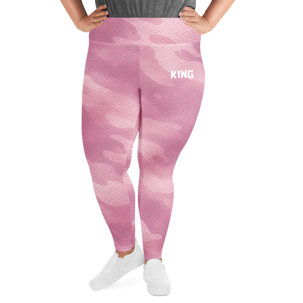 Front view of KING Lioness Plus Size Leggings in rose camo with high-waisted fit