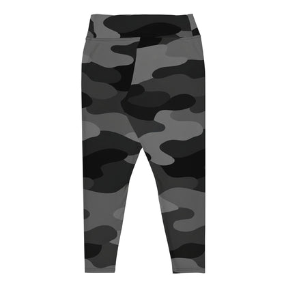 Back view of KING Lioness Plus Size Leggings in Shadow Camo, designed with a supportive waistband, smooth seams, and a flattering plus size silhouette.