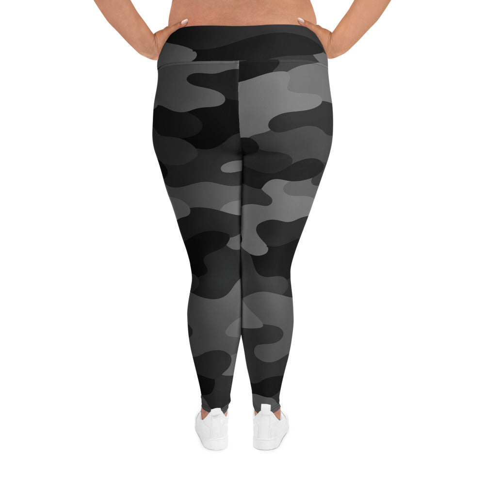 Back view of KING Lioness plus size shadow camo leggings with wide waistband