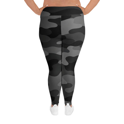 Back view of KING Lioness plus size shadow camo leggings with wide waistband