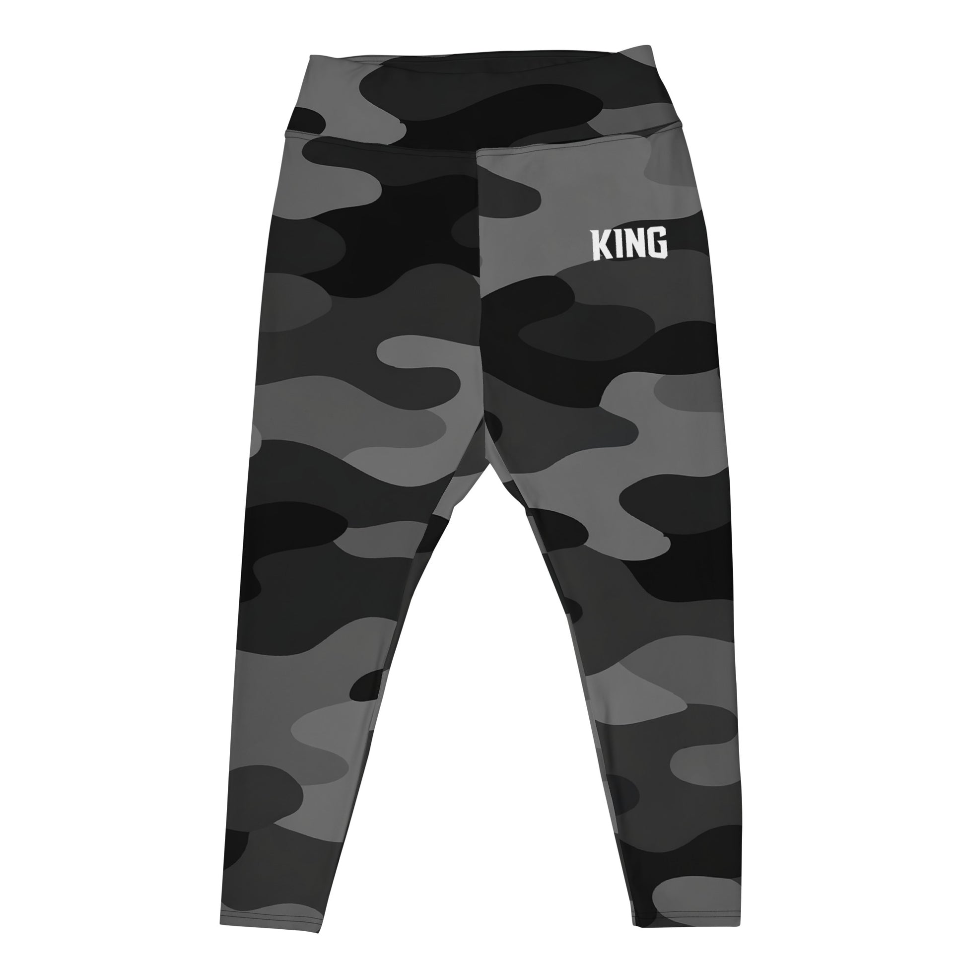 Front view of KING Lioness Plus Size Leggings in Shadow Camo, featuring a high-rise waistband, four-way stretch fabric, and a comfortable plus size fit.
