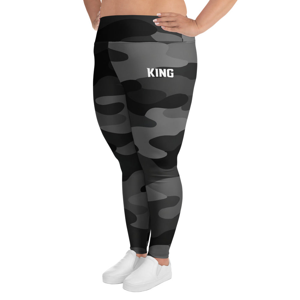 Side view of plus size shadow camo leggings designed for comfort and performance