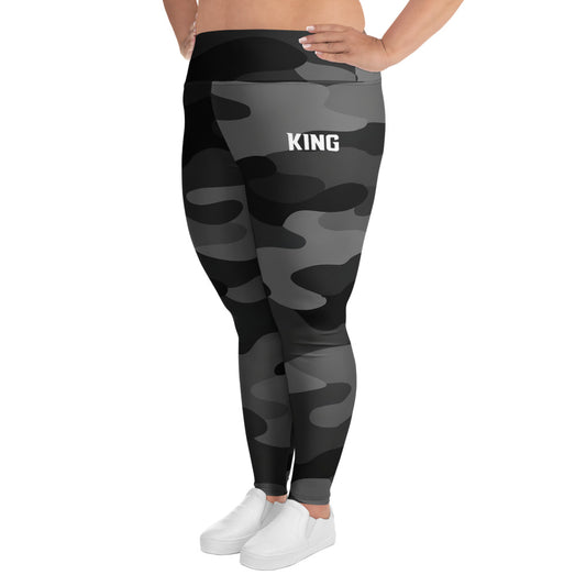 Side view of plus size shadow camo leggings designed for comfort and performance