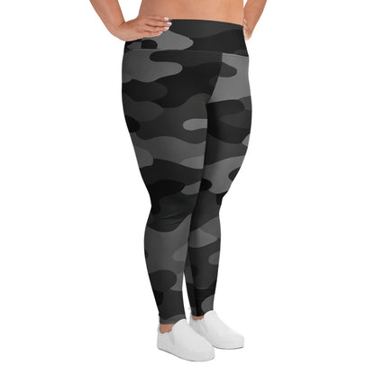 Side view of plus size shadow camo leggings designed for comfort and performance