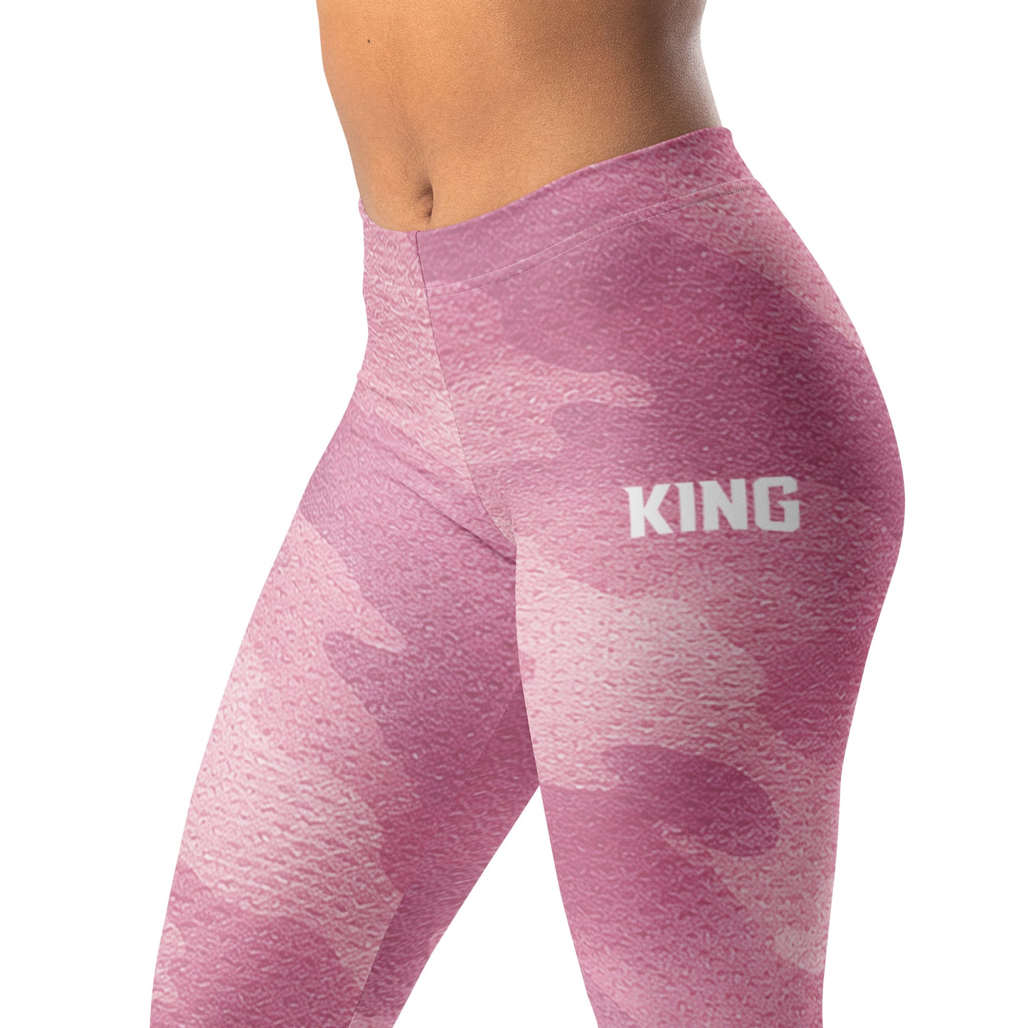 Close-up detail of KING Lioness Rose Camo Leggings showing soft rose camouflage pattern and premium fabric texture