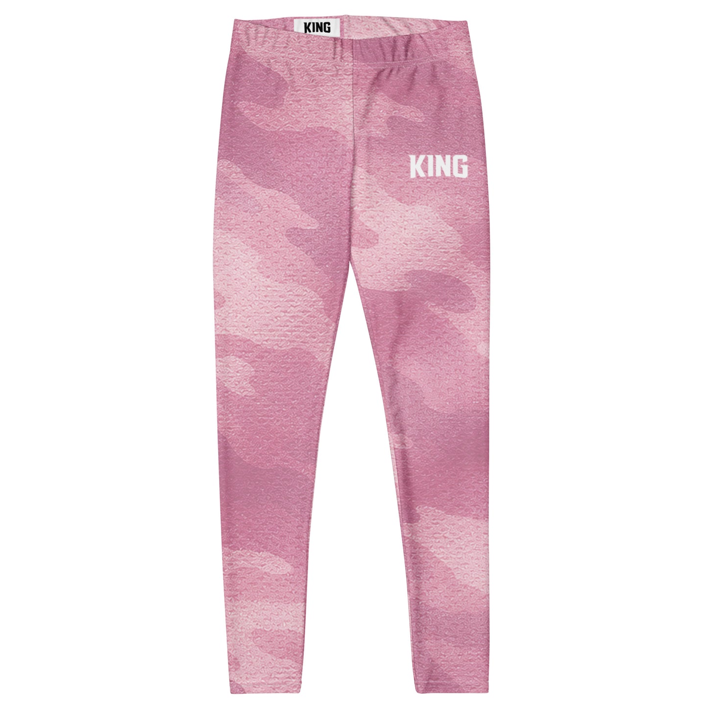 Front flat lay of KING Lioness Rose Camo Leggings, premium women's athletic leggings with soft pink camouflage pattern