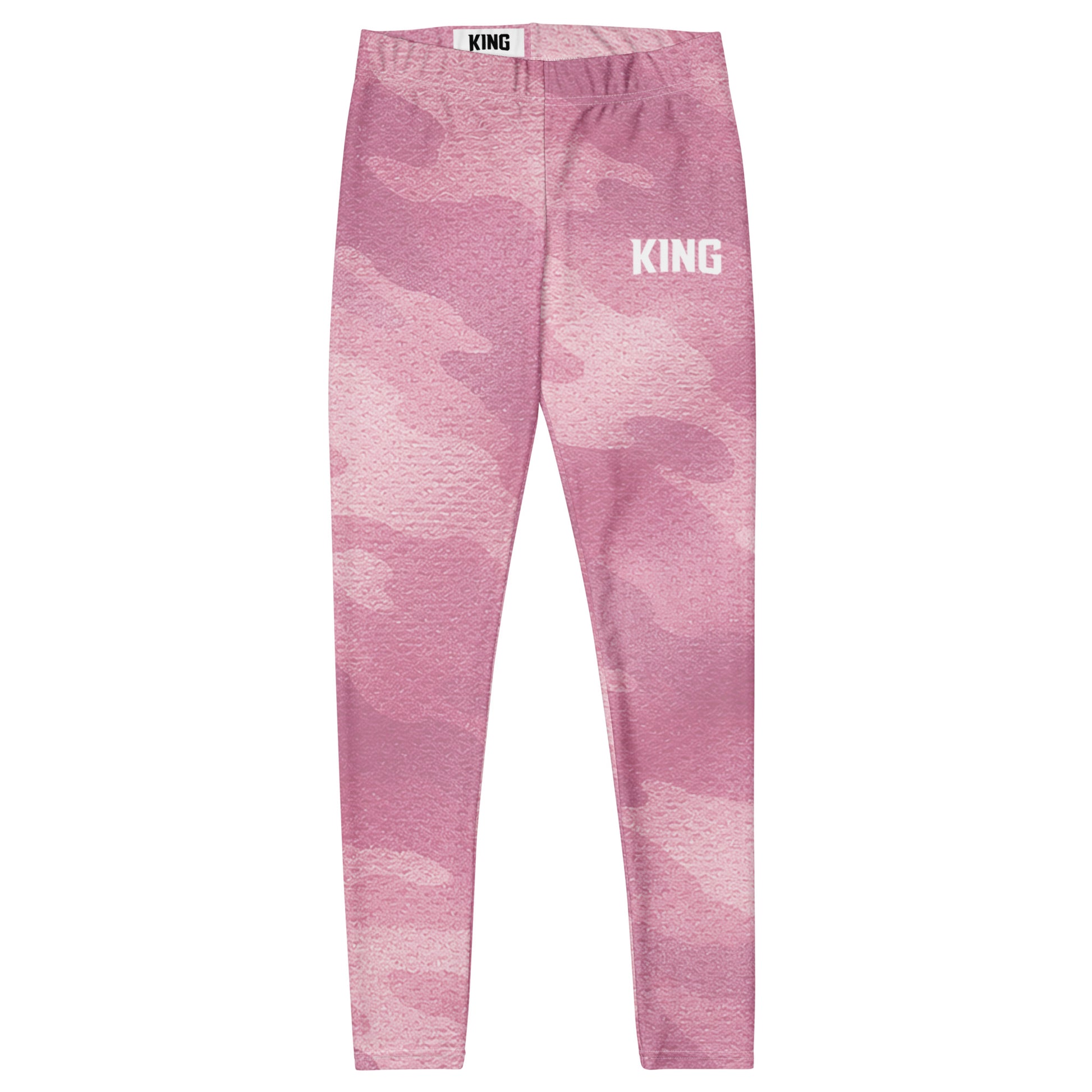 Front flat lay of KING Lioness Rose Camo Leggings, premium women's athletic leggings with soft pink camouflage pattern