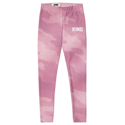 Front flat lay of KING Lioness Rose Camo Leggings, premium women's athletic leggings with soft pink camouflage pattern