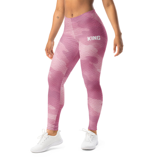 KING Lioness Rose Camo Leggings – premium women's athletic leggings with soft pink camouflage pattern and minimalist KING logo