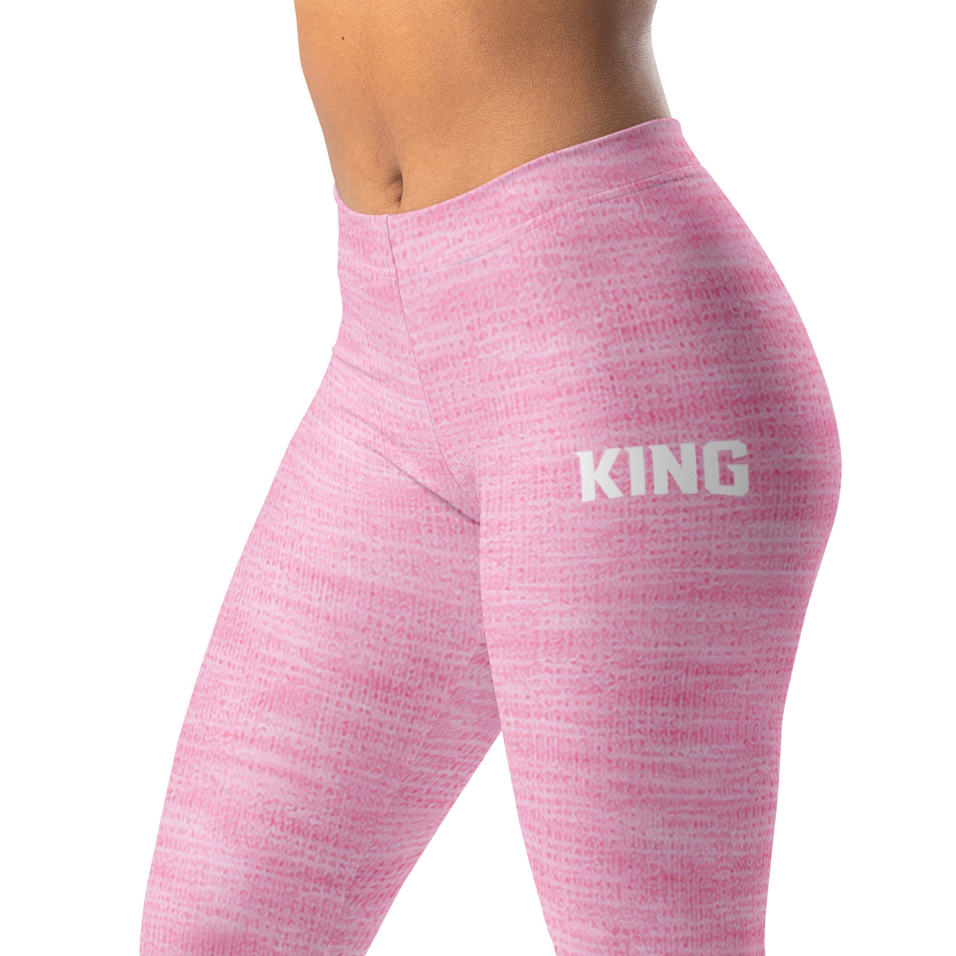 Female model wearing KING Lioness Rose Heather Leggings, front view, premium athletic fit.