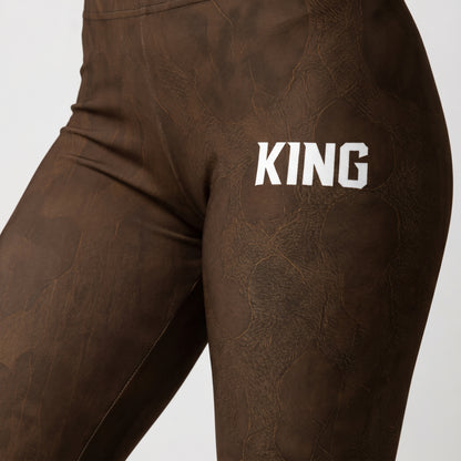KING logo detail on Lioness Savannah Pattern Leggings Earth Edition
