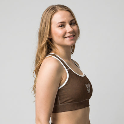 Angled view of the KING Lioness Savannah Pattern Sports Bra featuring the Savannah Pattern texture.