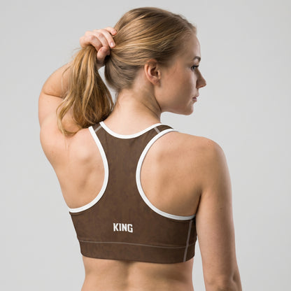 Back view of the KING Lioness Savannah Pattern Sports Bra showing the racerback design.