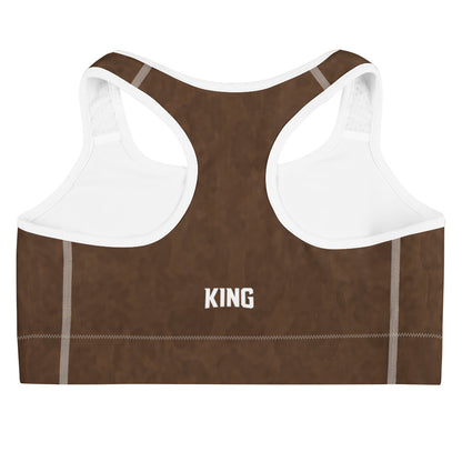 KING Lioness Savannah Pattern Sports Bra Earth Edition flat back mockup featuring brown savannah-inspired pattern and KING logo detail