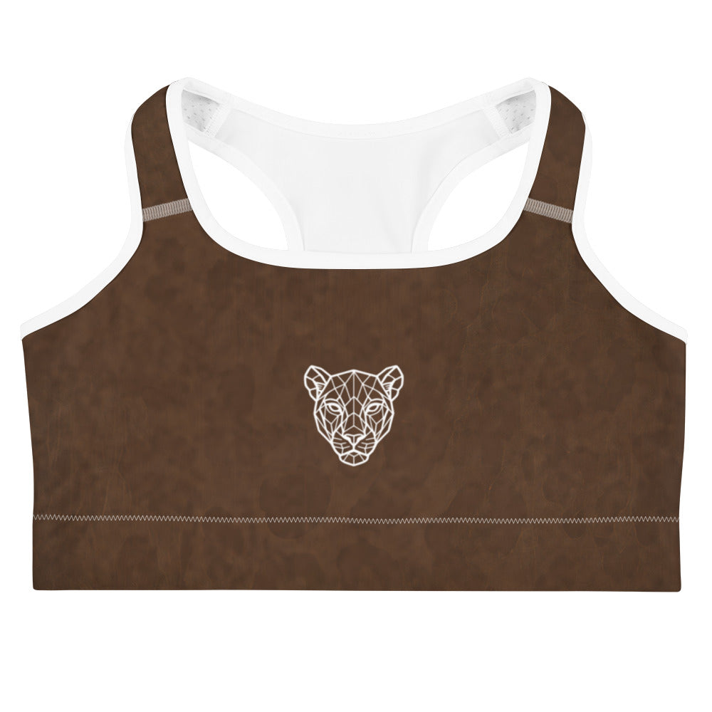 KING Lioness Savannah Pattern Sports Bra Earth Edition flat front mockup featuring brown animal-inspired pattern and minimalist lion emblem