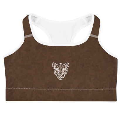 KING Lioness Savannah Pattern Sports Bra Earth Edition flat front mockup featuring brown animal-inspired pattern and minimalist lion emblem