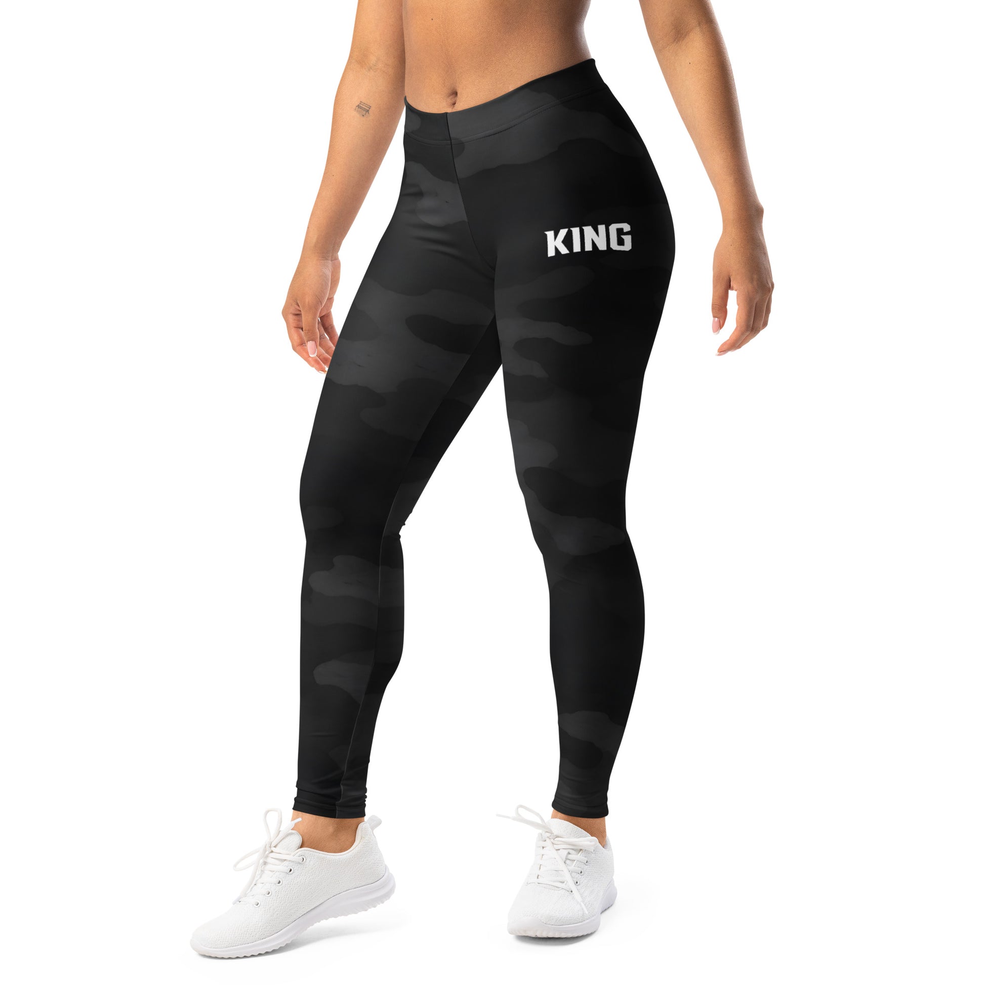 Black shadow camo high-rise leggings for women by KING APEX Lioness collection