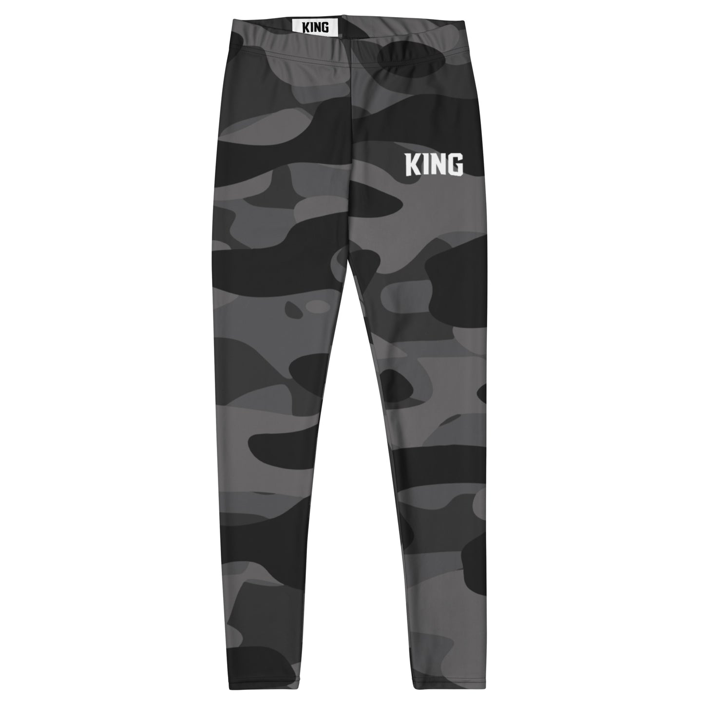 Flat product mockup of KING Lioness Shadow Camo Leggings — front view.
