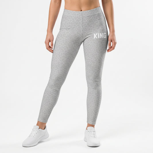 KING APEX Lioness Shadow Camo Leggings — Gray Edition worn by a model in a front three-quarter view.