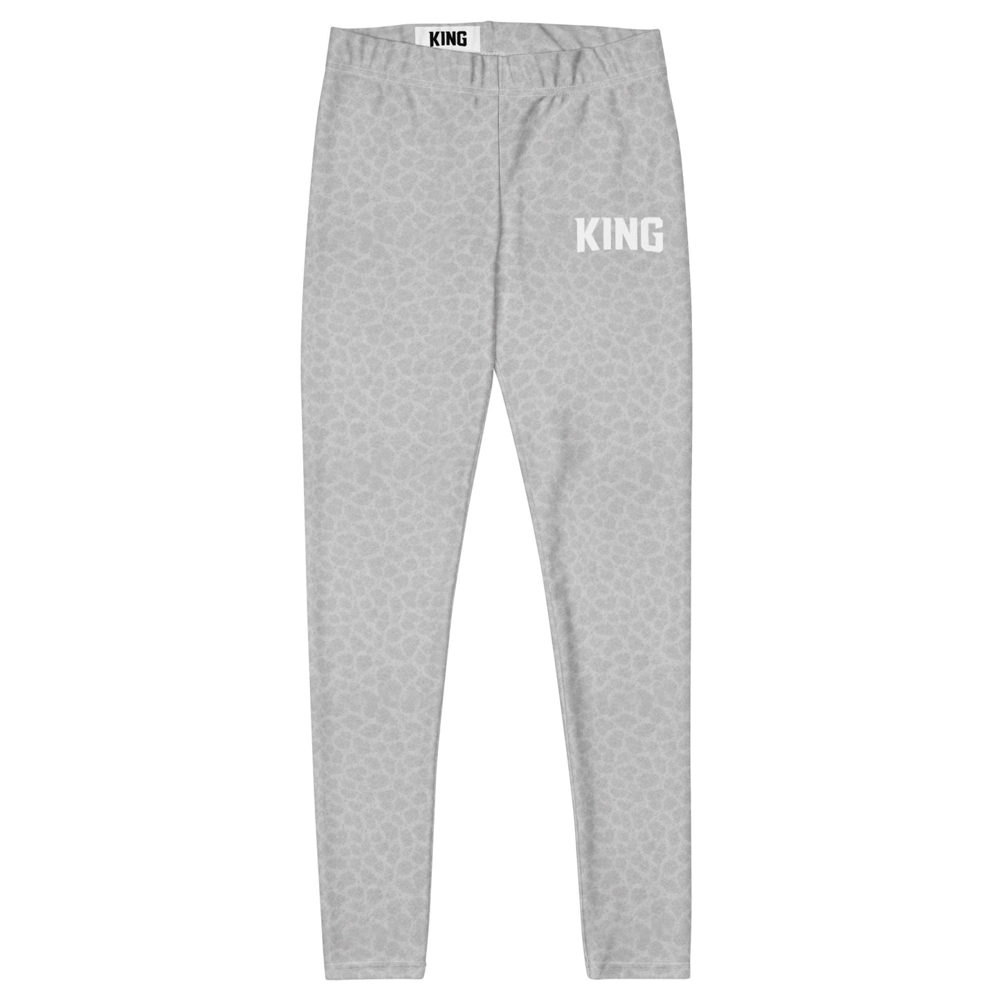 Flat lay of KING Lioness gray shadow camo leggings minimal design