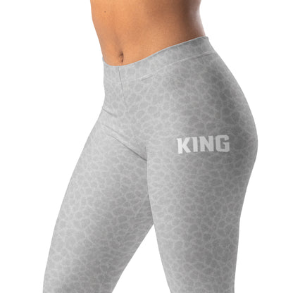 Close-up of KING Lioness gray leggings showing camo texture and logo detail