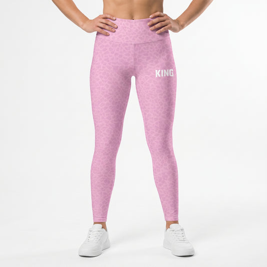 KING Lioness Shadow Pattern Leggings — Soft Rose Edition on female fitness model, front view