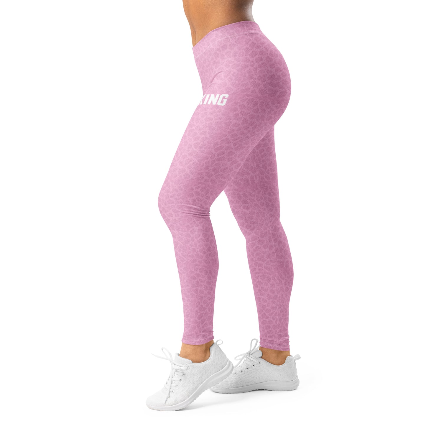 KING Lioness Soft Rose leggings angled full body athletic wear
