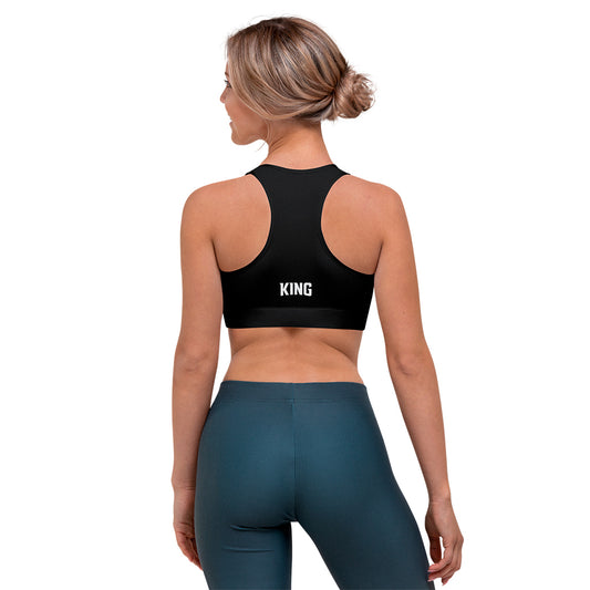 Black KING Lioness sports bra – back view showing KING logo.