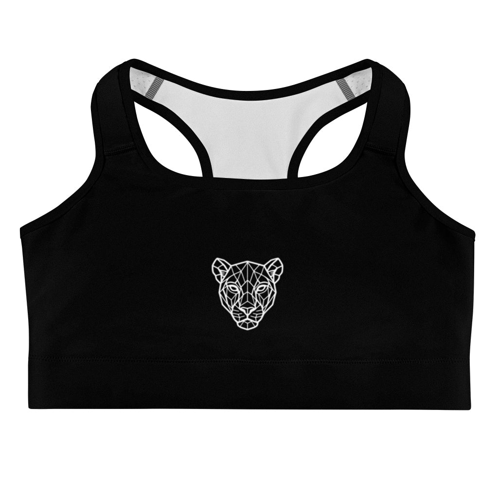 Flat product mockup of black KING Lioness sports bra with geometric lioness emblem.
