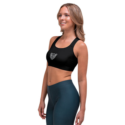 Black KING Lioness sports bra – right side view with geometric lioness emblem on chest.
