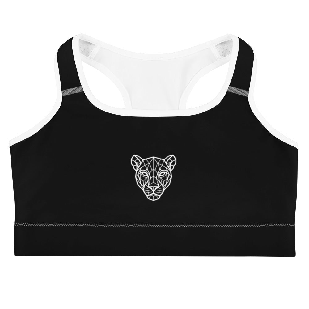 Flat product mockup of black Lioness sports bra with geometric lioness emblem – front.