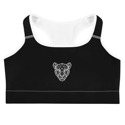 Flat product mockup of black Lioness sports bra with geometric lioness emblem – front.