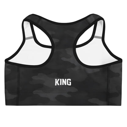 Back view of KING Lioness Dark Camo Sports Bra featuring racerback athletic design
