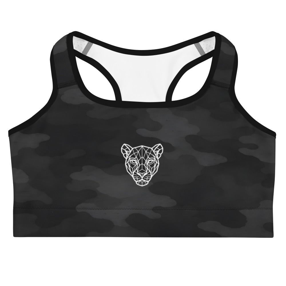 KING Lioness Dark Camo Sports Bra front view showing geometric lioness emblem and tactical camo pattern
