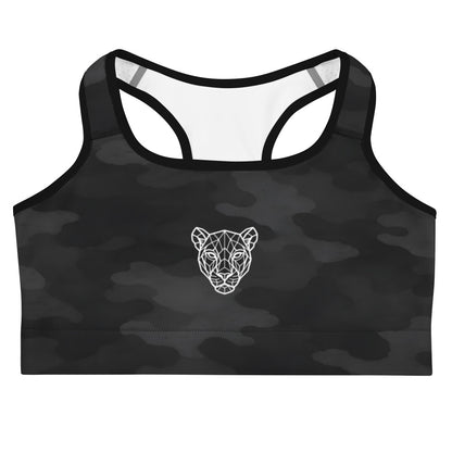 KING Lioness Dark Camo Sports Bra front view showing geometric lioness emblem and tactical camo pattern
