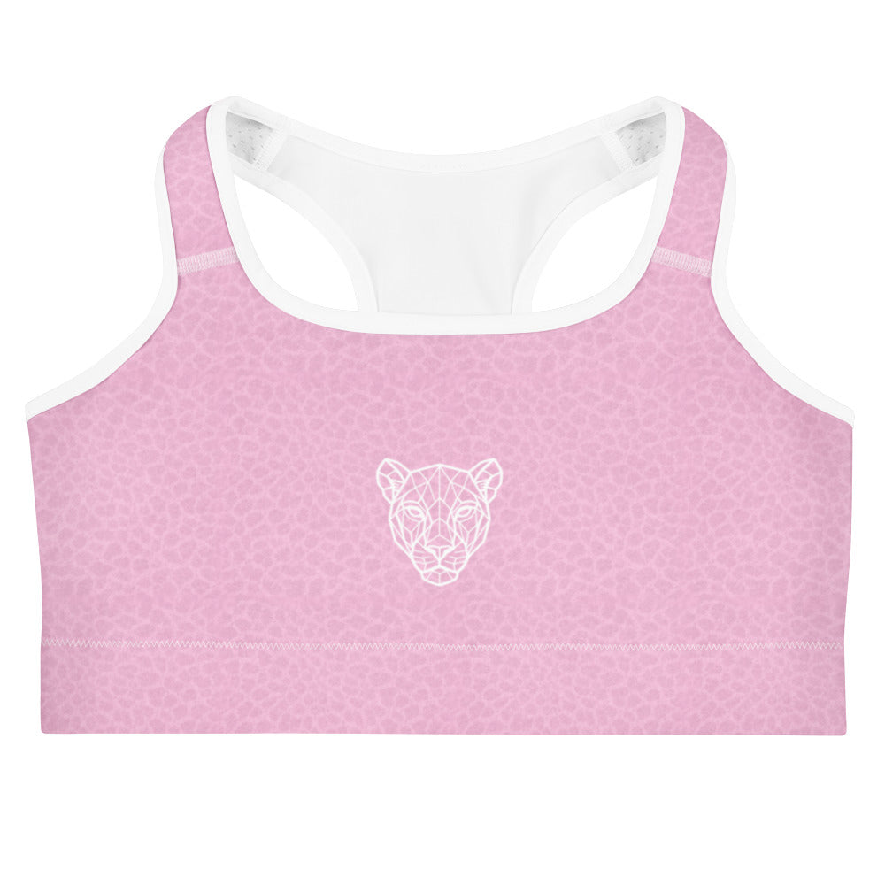 Front view flat lay of KING Lioness sports bra in rose animal texture with logo