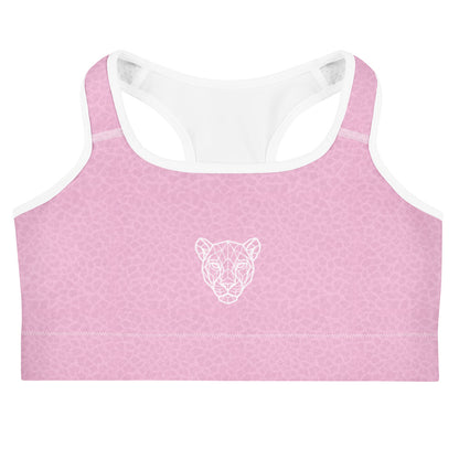Front view flat lay of KING Lioness sports bra in rose animal texture with logo