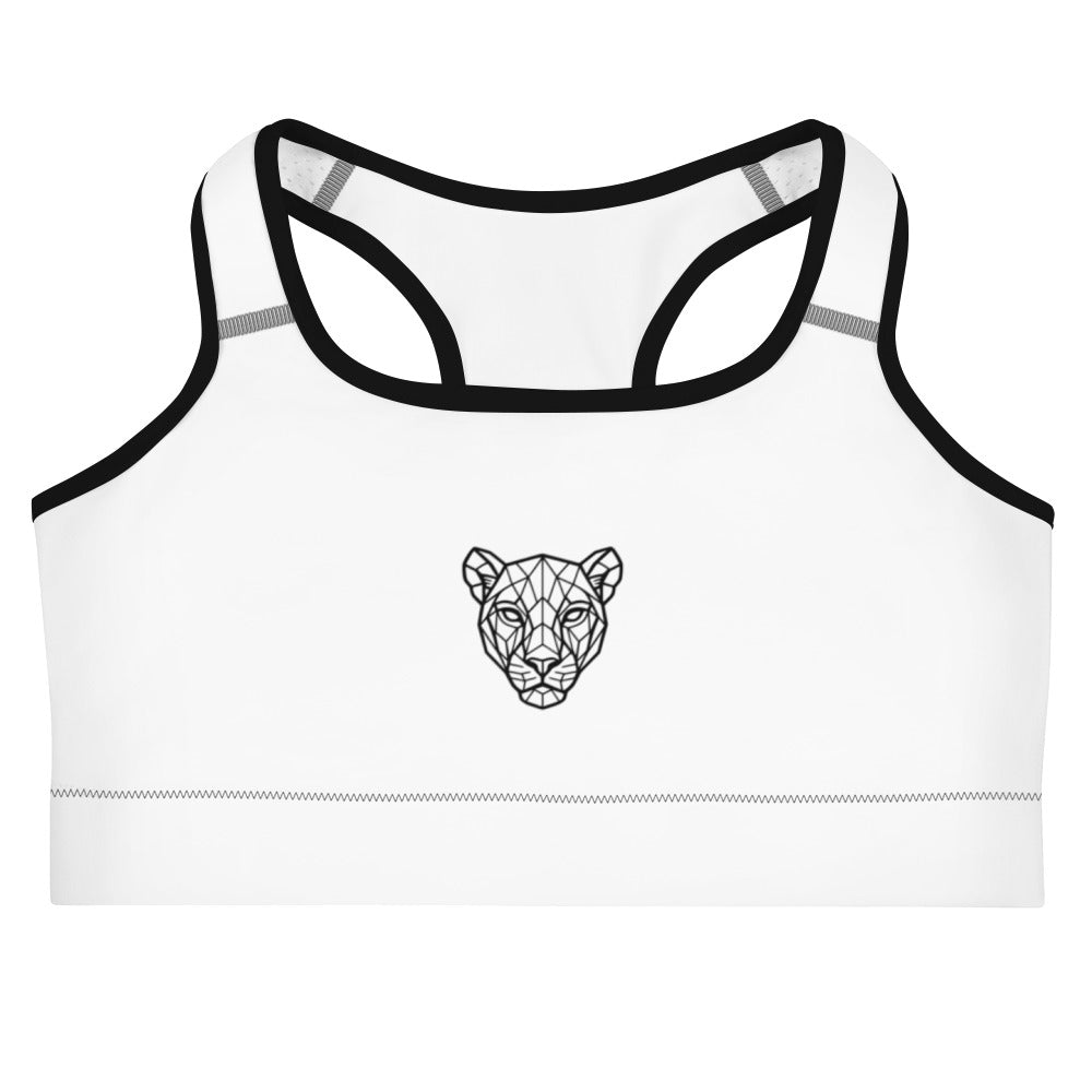 Flat product mockup of white KING Lioness sports bra with black piping and geometric lioness emblem.
