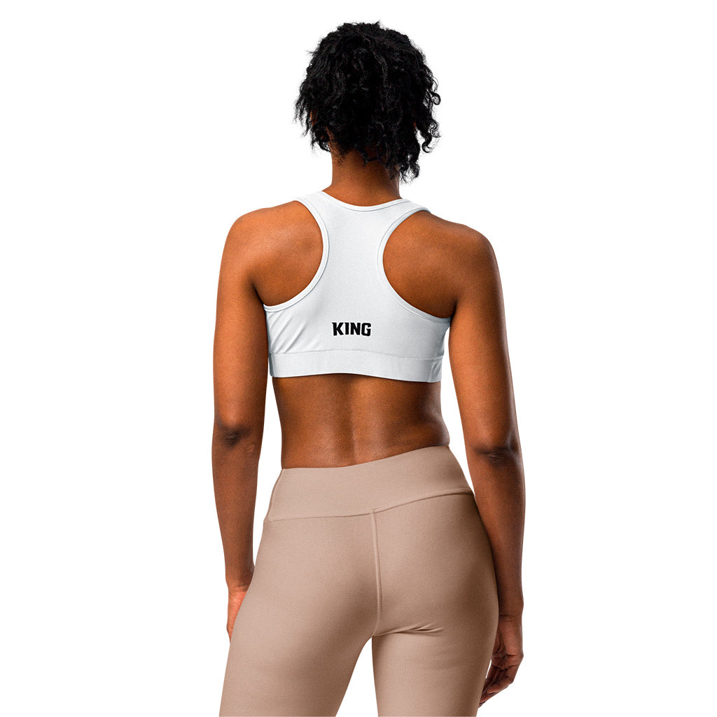 White KING Lioness sports bra – back view showing KING logo.