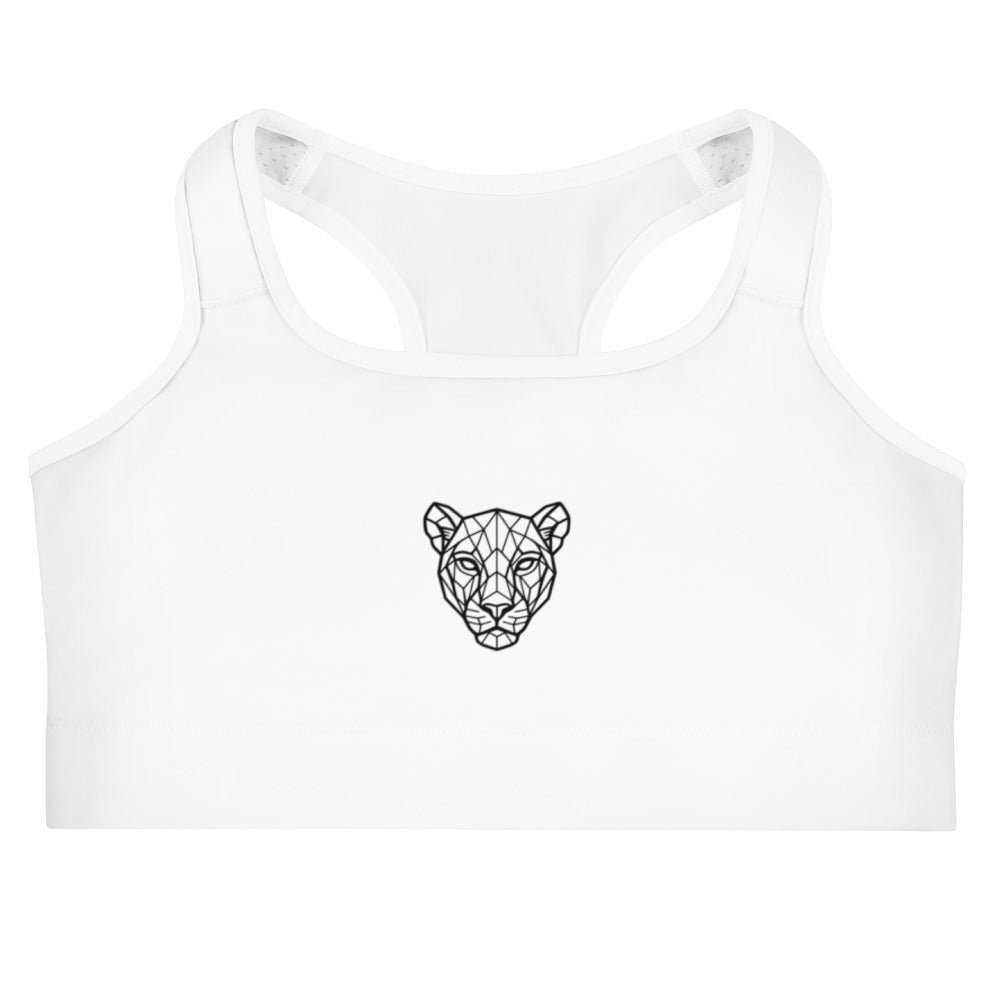 Flat product mockup of white KING Lioness sports bra with geometric lioness emblem.
