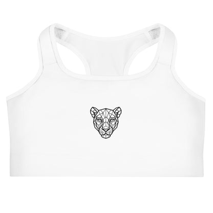 Flat product mockup of white KING Lioness sports bra with geometric lioness emblem.
