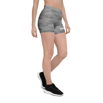 Steel Camo Lioness training shorts with minimal KING logo, side view